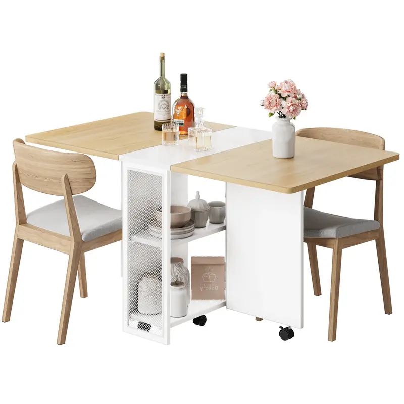 Garvee Folding Dining Table with 2 Tier Storage, Extendable Kitchen Table, Drop Leaf Table, Rectangle Dining Room Tables Set ...