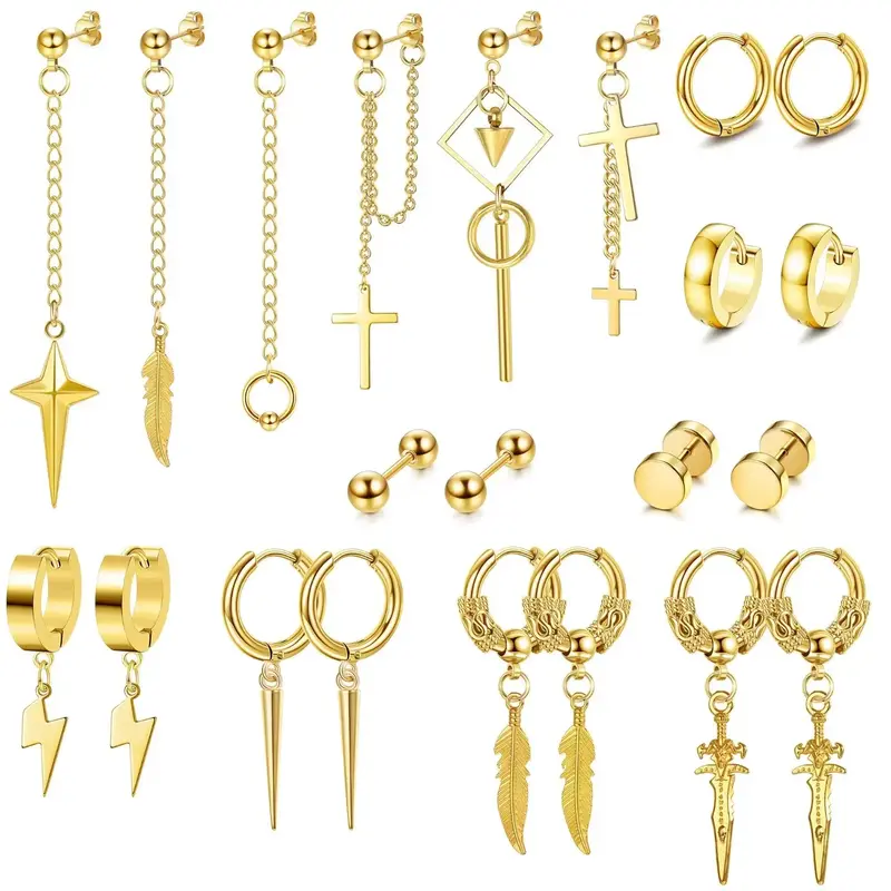 Drperfect 22counts Stainless Steel Dangle Earrings Set for Men Hinged Hoop Earrings Long Chain Stud Cross Dangle Earrings Set...