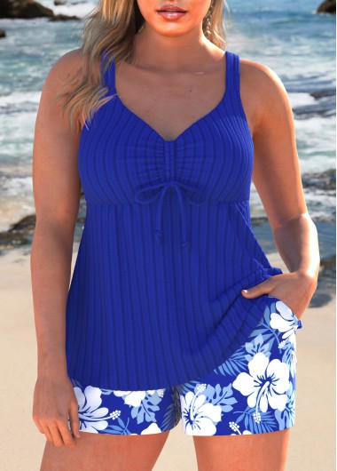 Modlily Plus Size Ruched Royal Blue Floral Print Tankini Set - 3X