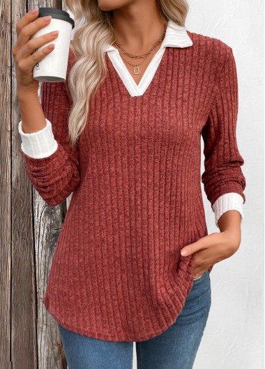 Modlily Brick Red Patchwork Long Sleeve T Shirt - XL
