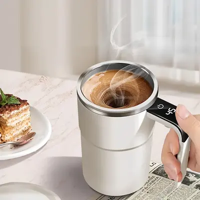 Automatic Stirring Cup with Lid, USB Rechargeable Automatic Magnetic Coffee Cup with Display Temperature, Suitable for Office...