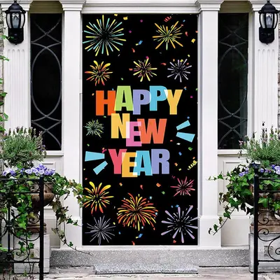 Black Colorful Bloom Sparkle New Year Door Cover - Aperturee