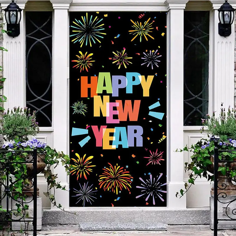 Black Colorful Bloom Sparkle New Year Door Cover - Aperturee