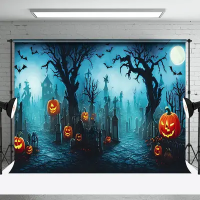 Aperturee Scary Pumpkins Cemetery Night Halloween Backdrop - Aperturee