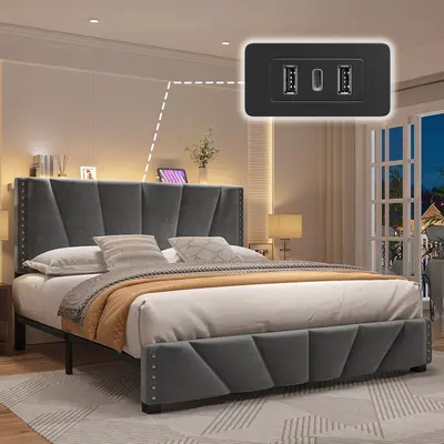 Raybee Full/Queen/King Size LED Bed Frame with Velvet Storage Headboard Platform Bed with Charging Station, No Mattress, Stur...