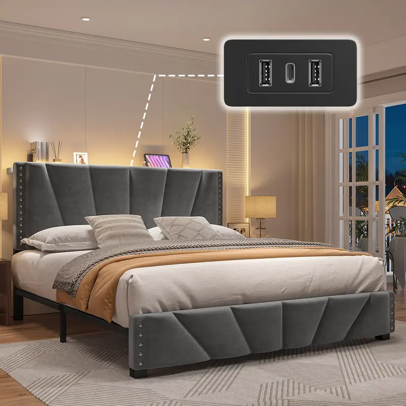 Raybee Full/Queen/King Size LED Bed Frame with Velvet Storage Headboard Platform Bed with Charging Station, No Mattress, Stur...
