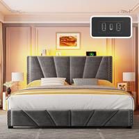 【dealsforyoudays】Raybee Full/Queen/King Size LED Bed Frame with Velvet Storage Headboard Platform Bed with Charging Stati...