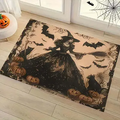 Halloween Witch & Pumpkin Pattern Rug, Polyester Fiber Indoor Carpet Decor, Home Office Bedroom Dining Room Decoration Gift