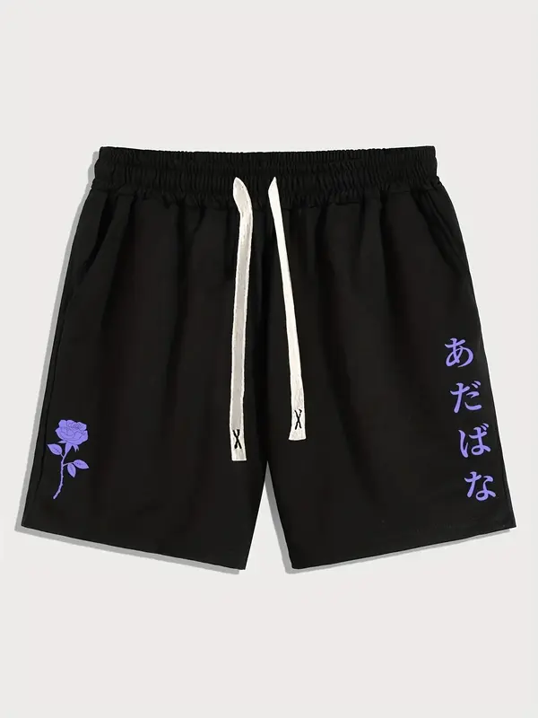 Men's Floral & Letter Print Drawstring Shorts, Regular Fit Casual Stylish Pocket Straight Leg Shorts, Men's Bottoms