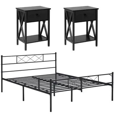 VECELO 3 Pieces Bedroom Set Bed Frame with Nightstands Set Metal Platform Queen Size, Bed Frame with Headboard, Steel Slat Su...