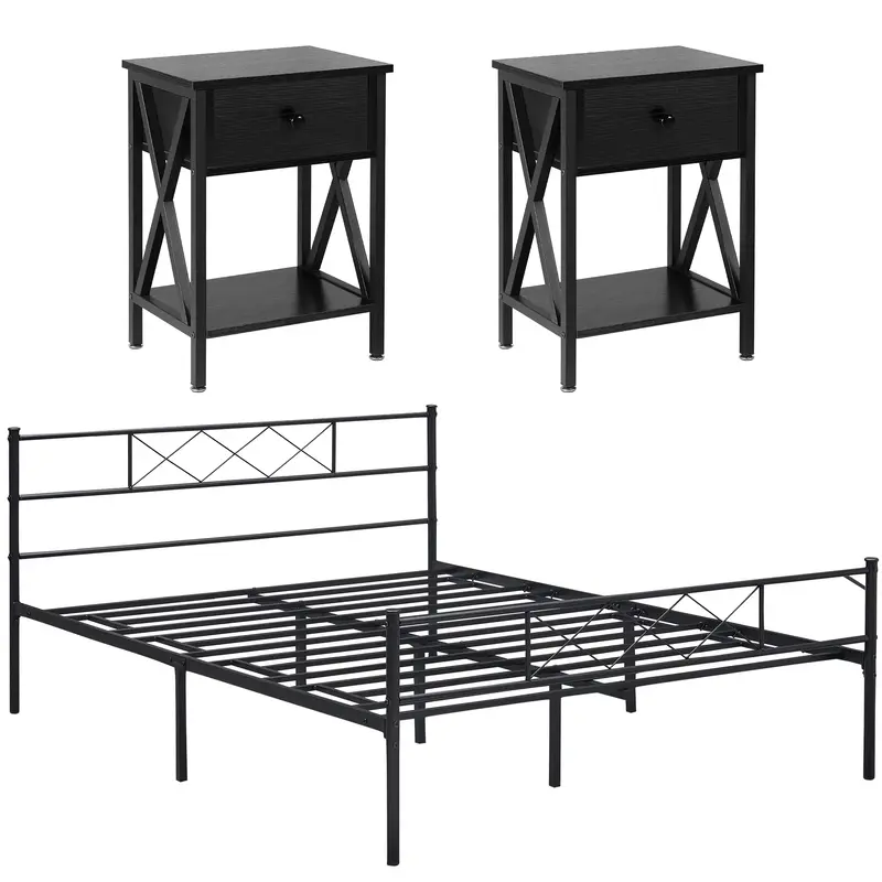 VECELO 3 Pieces Bedroom Set Bed Frame with Nightstands Set Metal Platform Queen Size, Bed Frame with Headboard, Steel Slat Su...