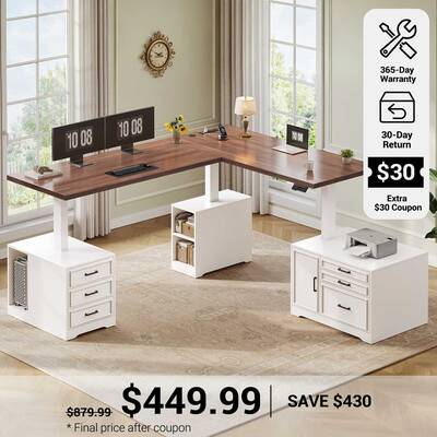 SEDETA 76.8 Inch Farmhouse L Shaped Electric Standing Desk with File Cabinet Height Adjustable Home Office Computer Desk with...