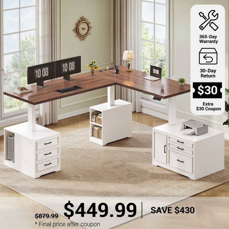 SEDETA 76.8 Inch Farmhouse L Shaped Electric Standing Desk with File Cabinet Height Adjustable Home Office Computer Desk with...
