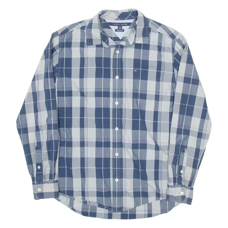 TOMMY HILFIGER Custom Fit Mens Shirt Blue Plaid Long Sleeve L