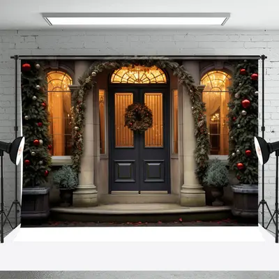 Door Window Wreath Pine Tree Deco Christmas Backdrop - Aperturee