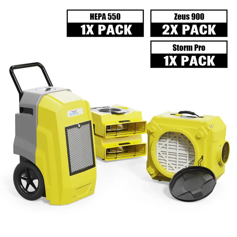 AlorAir Water Damage Restoration Combo Pack, 1 X Storm Pro Dehumidifier, 2 X Zeus 900 Air Mover, 1 X HEPA 550 Air Scrubber - ...