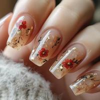 Flower Pattern Fake Nails with Nail File & Tape, 24pcs/set Glossy Square Press on Nails for Women & Girls DIY Nail Art, Handm...