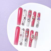 Flower & Rhinestone Decor Fake Nails, 10pcs/set Long Square Press on Nails for Women & Girls DIY Nail Art, Elegant Stick on N...