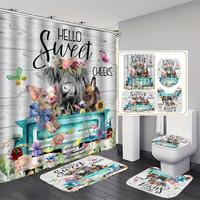 Farmhouse Style Bathroom Accessories Set, 4 Counts Animal & Floral Bathroom Set, Including Bath Mat, Toilet Lid Mat, U-shaped...