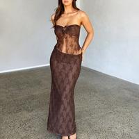 Women’s Summer Outfits, Strapless Drawstring Lace Tube Tops + Long Skirt Set Out Maxi Skirts Set Low Cut Tie Front Crop Top...