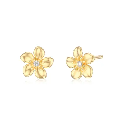 14K Gold Cubic Zirconia Cherry Blossom Stud Earrings