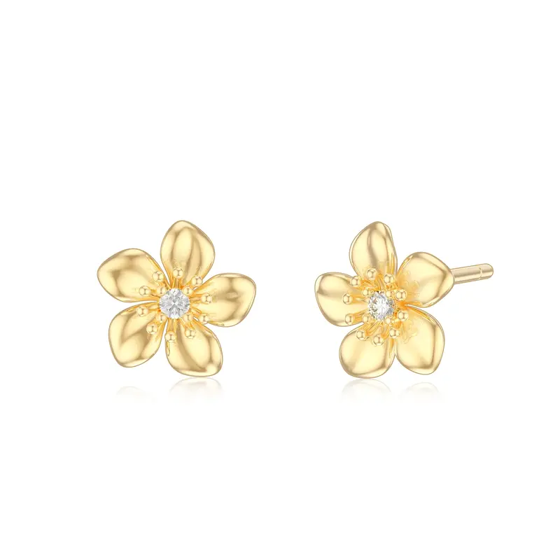 14K Gold Cubic Zirconia Cherry Blossom Stud Earrings
