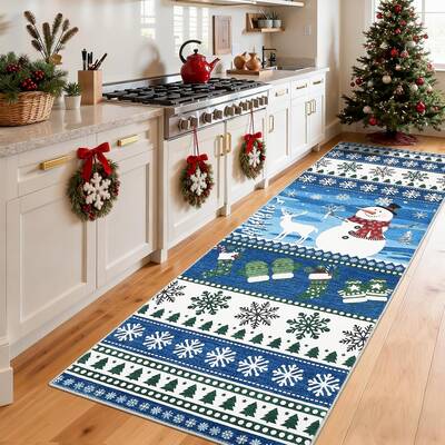 Garvee Christmas Snowman Runner Rug 2x8 Washable Carpet Runner Non Slip Xmas Snowflake Holiday Decor Kitchen Rugs Soft Low Pi...
