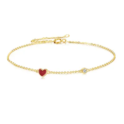 14K Yellow Gold Circular Cubic Zirconia Heart Charm Bracelet