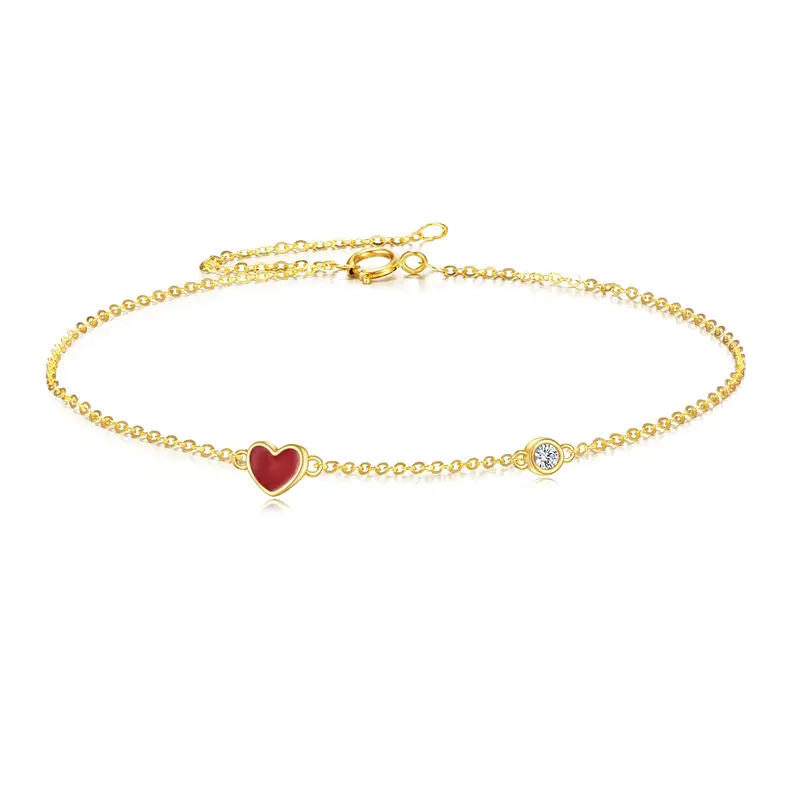 14K Yellow Gold Circular Cubic Zirconia Heart Charm Bracelet