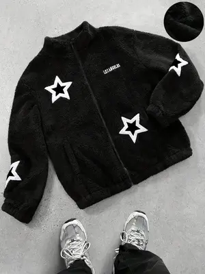 Men's Letter & Heart Embroidery Pocket Drop Shoulder Fleece Jacket, Regular Fit Casual Long Sleeve Zip Up Outerwear for Fall...