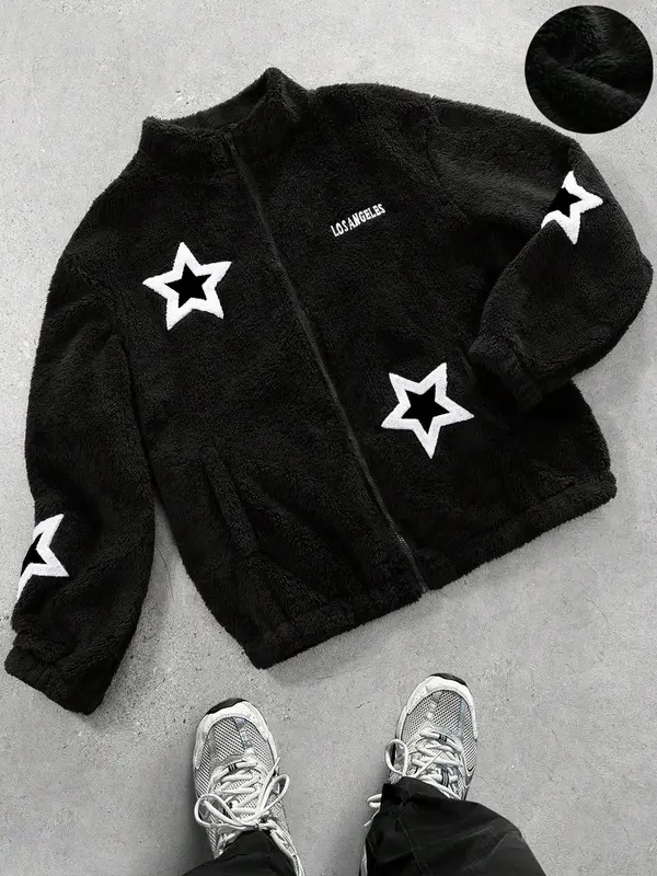 Men's Letter & Heart Embroidery Pocket  Drop Shoulder Fleece Jacket, Regular Fit Casual Long Sleeve Zip Up Outerwear for Fall...