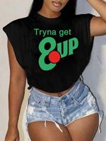 Women's Try That Up Round Neck Tee, Casual Letter Print Crew Neck T-shirt for Daily Wear, Ladies Clothes for All Seasons, Top