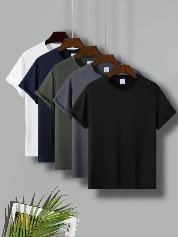 Men's Regular Fit 5pcs Plain Round Neck Tees, Casual Short Sleeve Crew Neck T-shirt for Daily Wear, Summer Clothing for Men