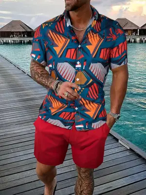 Men's All Over Print Shirt & Shorts Two Piece Set, Streetwear, Regular Fit Button Down Short Sleeve Shirt & Drawstring Short...