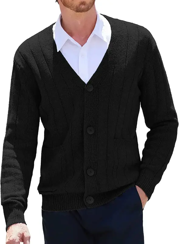 Cardigan Knit V Neck Button up Sweaters (US Only), Black / XL