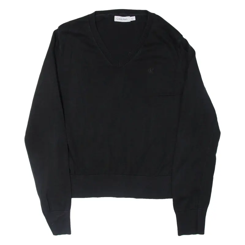 CALVIN KLEIN Girls Jumper Black V-Neck Tight Knit L