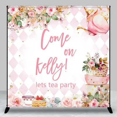 Let Tea Party Pink Cup Cake Custom Birthday Backdrop - Aperturee