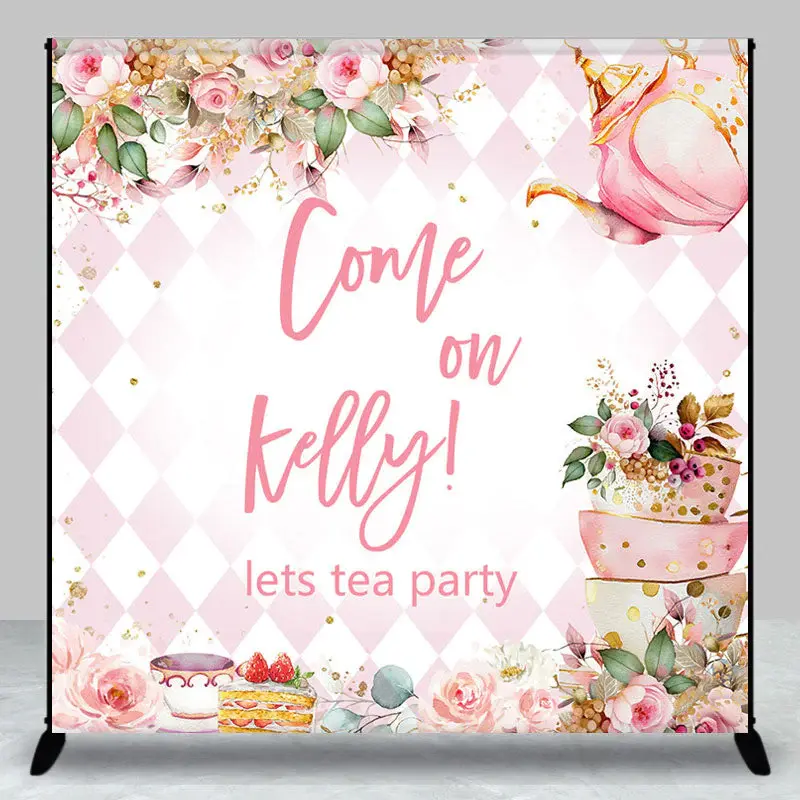 Let Tea Party Pink Cup Cake Custom Birthday Backdrop - Aperturee