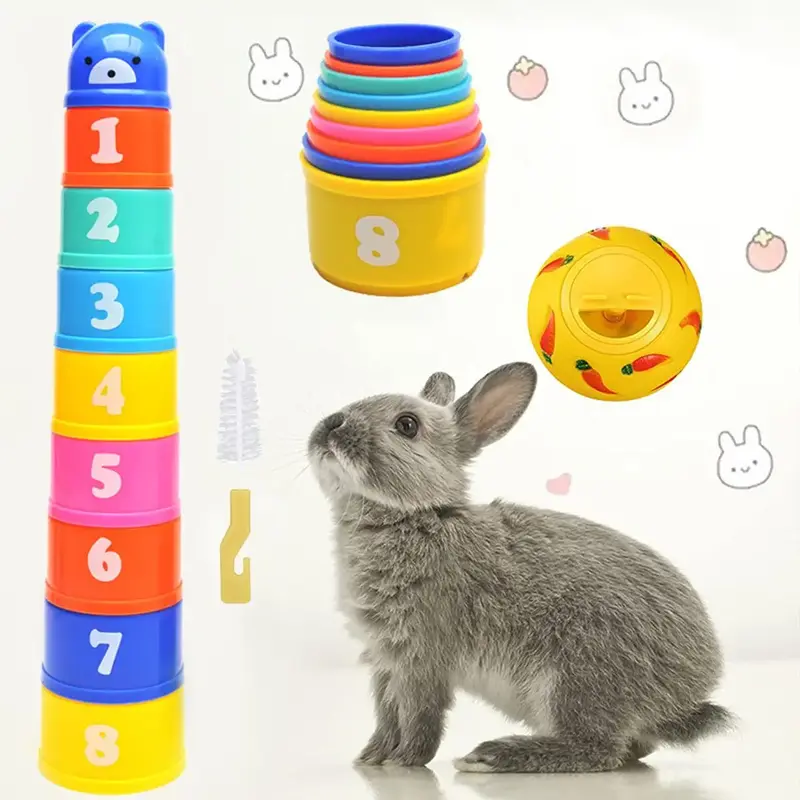 Random Color Stackable Cup Rabbit Toy, 11pcs/set Stack Cup Rabbit Toy, Pet Leakage Food Ball Toy For Pet Rabbits