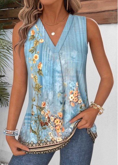 Modlily Dusty Blue Tummy Coverage Random Floral Print Tank Top - S