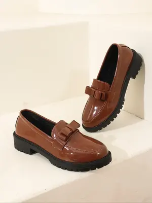 Women's Fashionable Solid Color Bowknot Design Loafers, Thick Bottom Shallow Mouth Loafer Shoes, Casual Comfortable Slip on P...