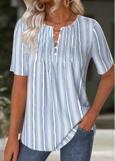 Modlily Light Blue Striped Short Sleeve Split Neck T Shirt - S
