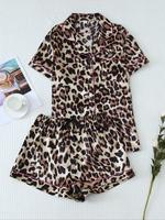 Women's Leopard Print Satin Pyjama Set, Casual Comfy Short Sleeve Pocket Shirt & Elastic Waist Shorts Pj Set, Ladies Summer S...