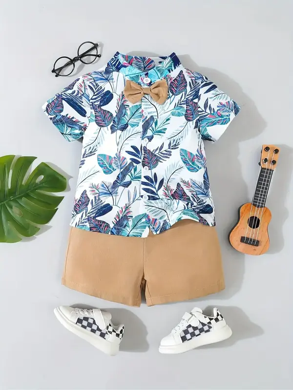 Toddler Boy's Tropical Print Bow Front Short Sleeve Shirt & High Waist Shorts Set, Boho All Over Print Mock Neck Button Up Ha...