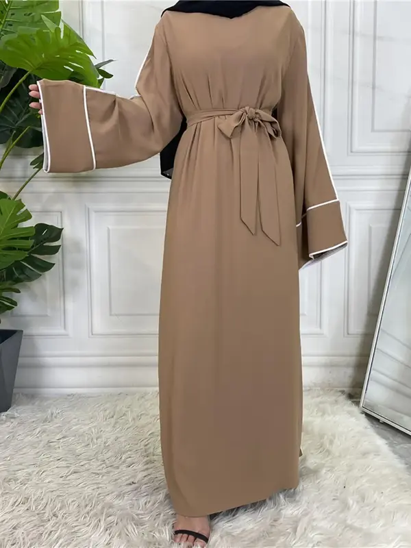 Women's Contrast Binding Belted Kimono Sleeve Dress, Modest Long Sleeve A Line Dress for Spring & Fall, Women's Islamic Cloth...