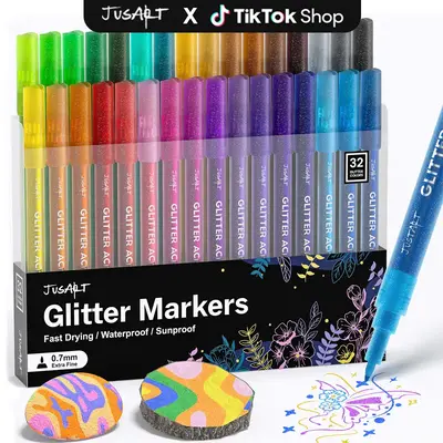 [JusArt] 32/24/16 Colors Glitter Markers Pen, Glitter Paint Pens, 0.7mm Fine Point Tip Metallic Shimmer Marker, Water-based I...