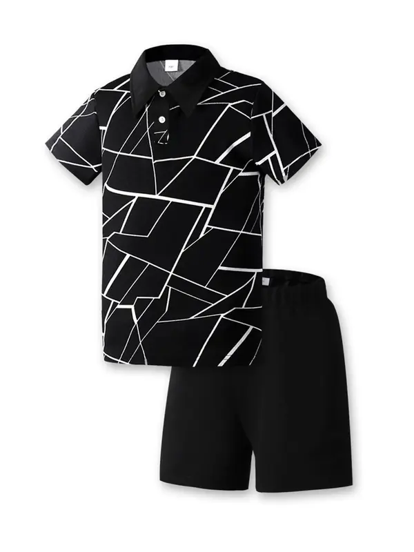 Two-Piece Set Toddler Boy's All Over Print Short Sleeve Polo Shirt & Shorts Set, Casual Fashion Outfits for Summer, Kids Clo...