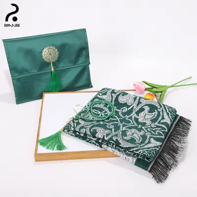 RIMAIRE muslim prayer rug Luxury Embroidery Prayer Mat with Gift Bag and Prayer Beads Fashion Islamic Portable Bag Green