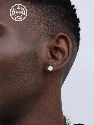 925 Sterling Silver Men's Trendy Hip Hop Rhinestone Decorated Studs Earrings for Party, Daily Clothing Decor, Jewelry for Bir...