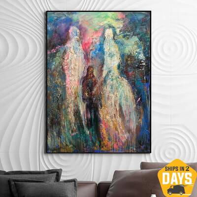 Abstract Figurative Painting On Canvas in Blue, Red and Green Colors Original Human Abstract Fine Art | FAMILY UNITY 46"...